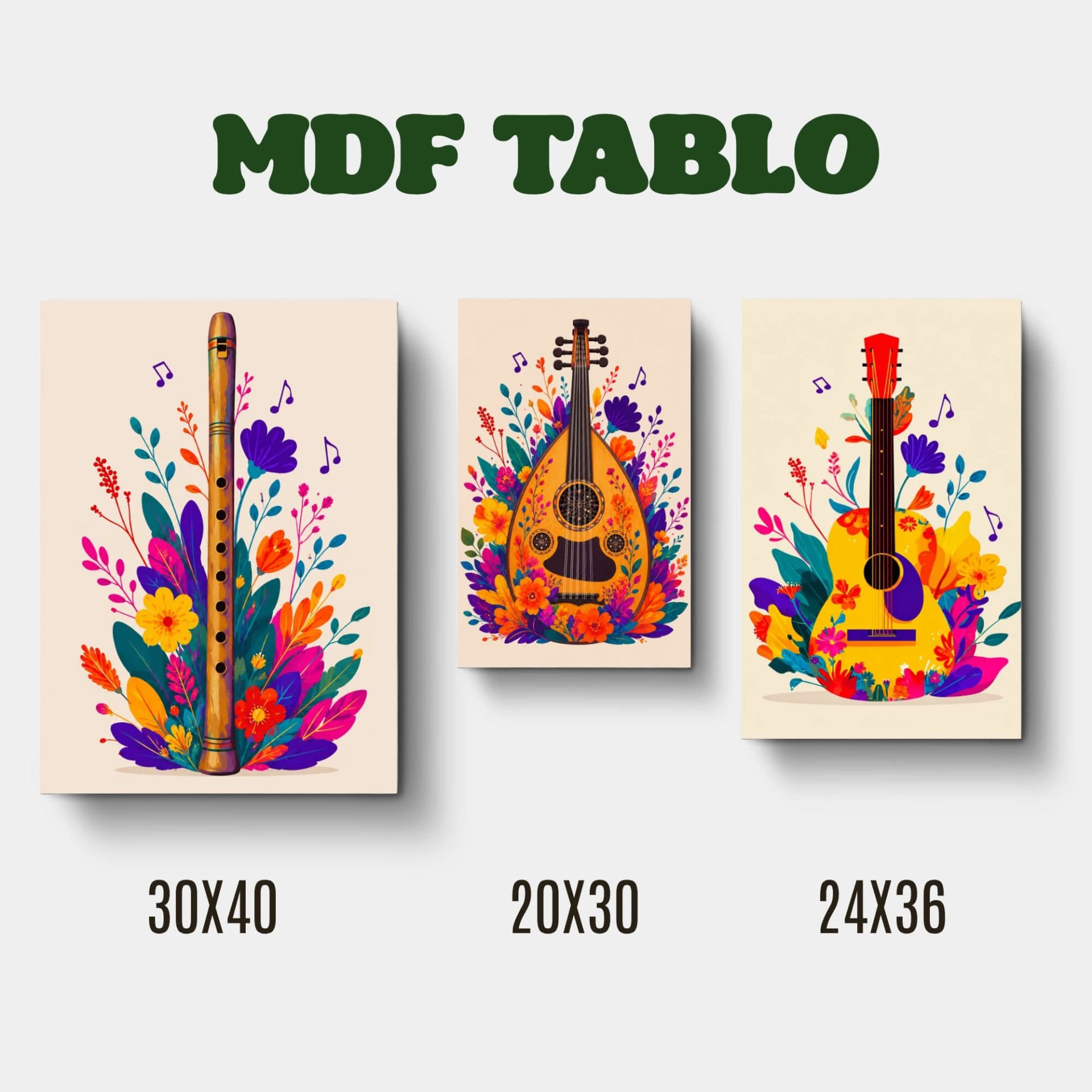 Müzik Aletleri FLÜT UD GİTAR Motifli Tasarımlı Duvar Dekoratif Mdf Ahşap Retro Poster Tablo SETİ
