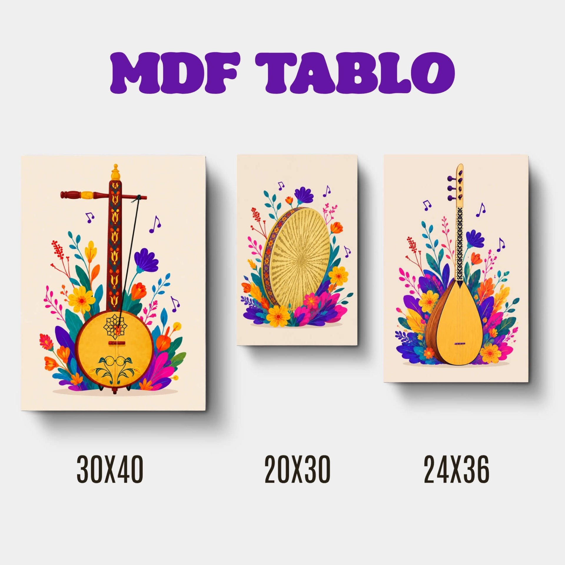 Müzik Aletleri TEMBUR DEF SAZ Motifli Tasarımlı Duvar Dekoratif Mdf Ahşap Retro Poster Tablo SETİ