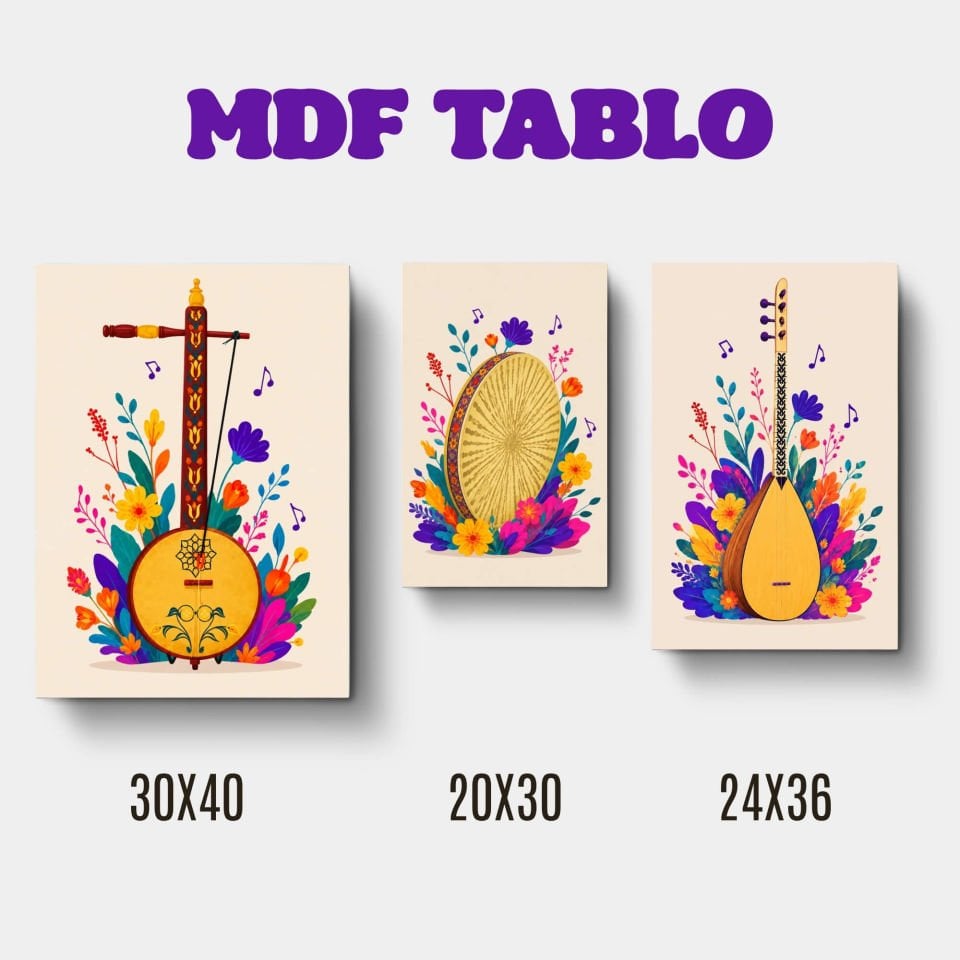 Müzik Aletleri TEMBUR DEF SAZ Motifli Tasarımlı Duvar Dekoratif Mdf Ahşap Retro Poster Tablo SETİ