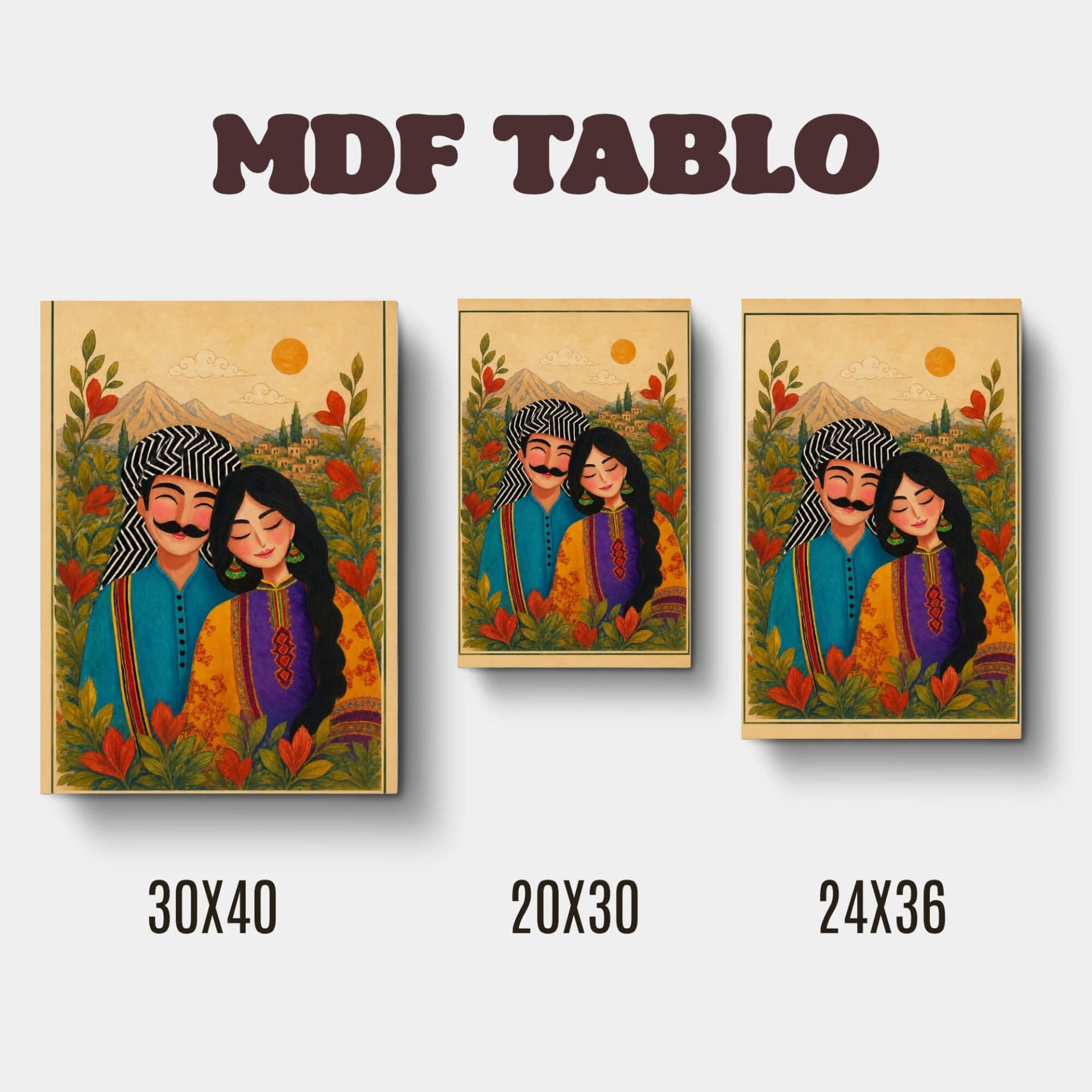 Mem û Zin Kırmızı Yeşil Çiçekli Motifli Tasarımlı Duvar Dekoratif Mdf Ahşap Retro Poster Tablo