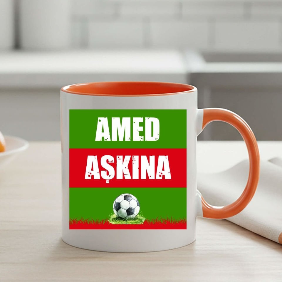 Amed Aşkına Yeşil Kırmızı Tasarımlı Taraftar Spor Turuncu Renkli Klasik Kupa Bardak
