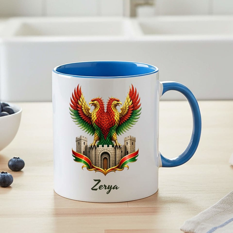 İsme Özel Amed Surları Kesk Sor Zer Çift Başlı Kartal Tasarımlı Taraftar Spor Klasik Mavi Kupa Bardak
