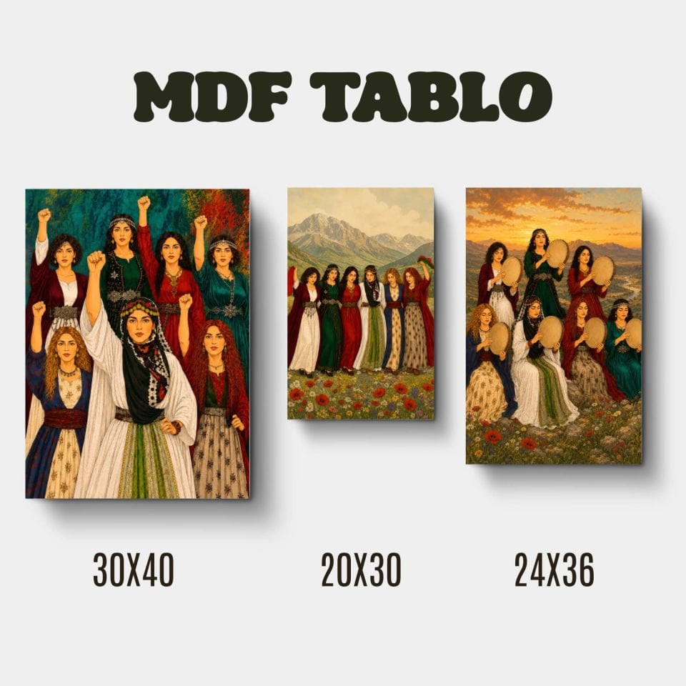 Jin Jiyan Azadi Halay Çeken Direnen Def Çalan Kadınlar Motifli Tasarımlı Duvar Dekoratif Mdf Ahşap Retro Poster Tablo SETİ