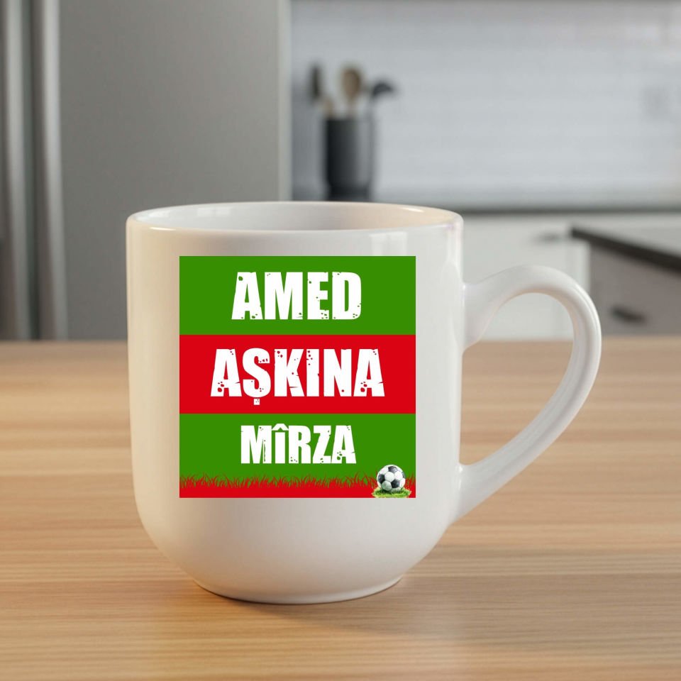 İsme Özel Amed Aşkına Yeşil Kırmızı Tasarımlı Taraftar Spor Oval Beyaz Elite Kupa Bardak