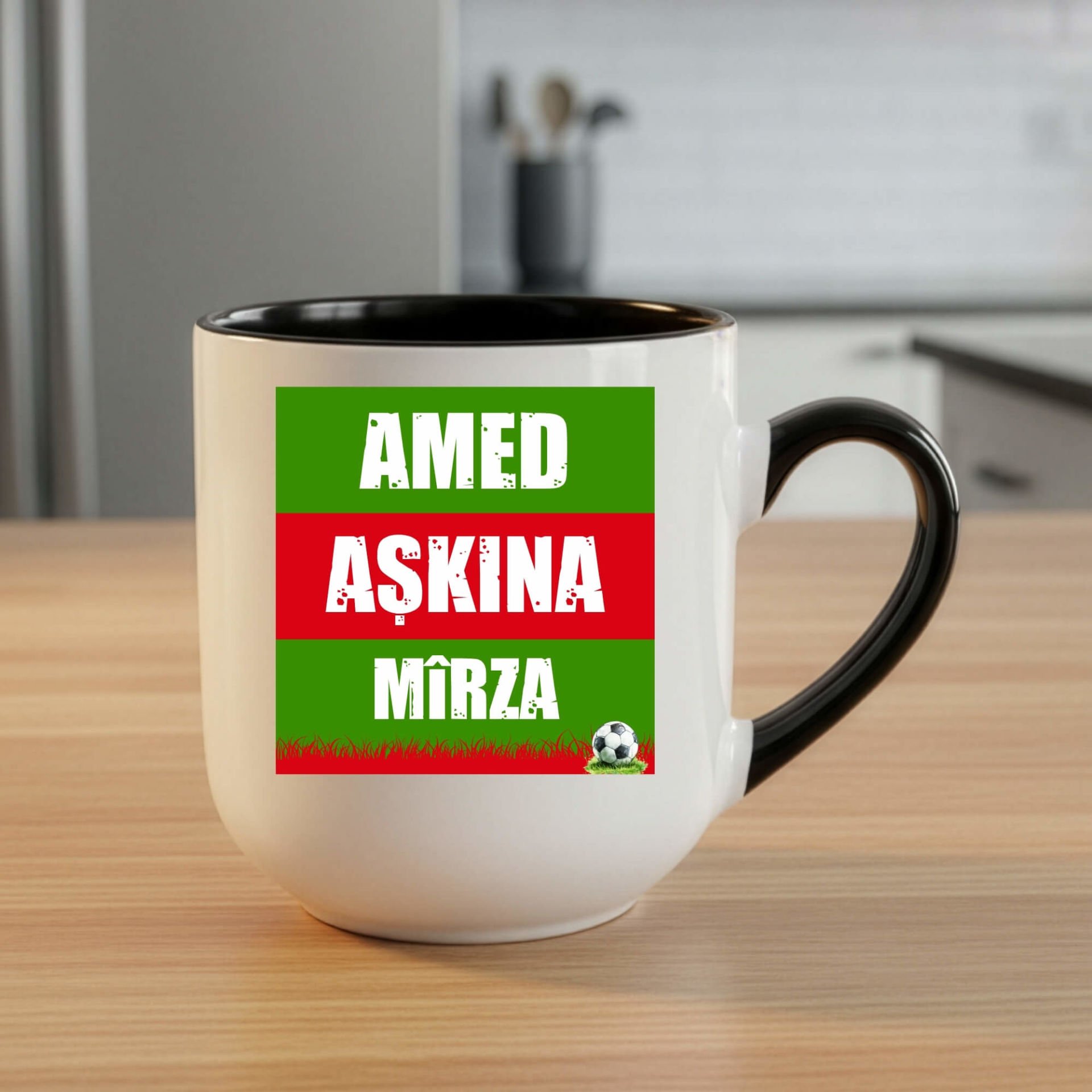 İsme Özel Amed Aşkına Yeşil Kırmızı Tasarımlı Taraftar Spor Siyah Elite Kupa Bardak