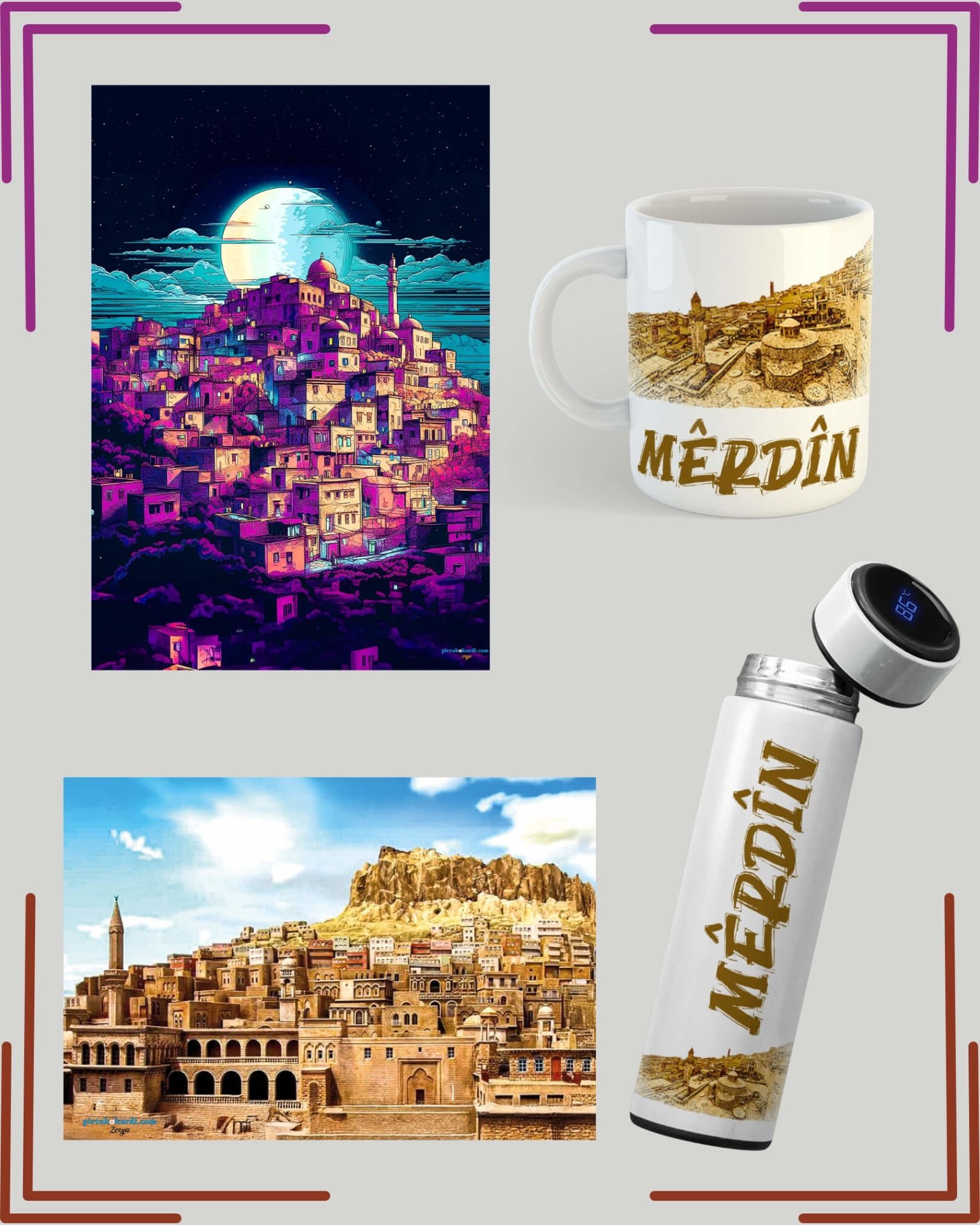Mêrdîn Şehri Temalı Kupa Termos ve Poster Seti - Mardin Resimli Kupa Bardak
