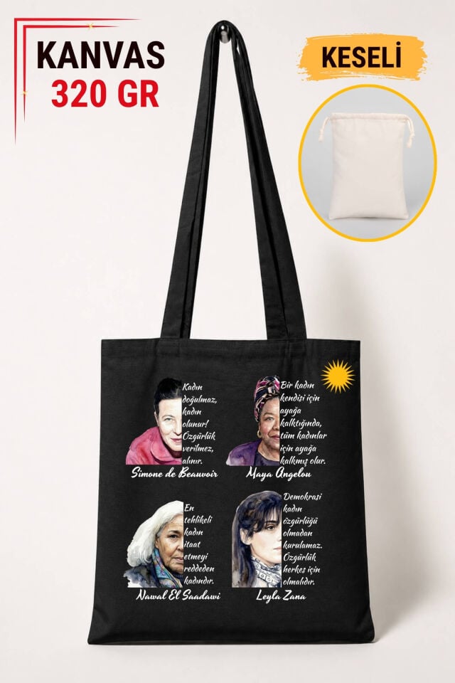 Kadın Özgürlüğü Temalı Keseli Siyah Renkli 320 gr Kanvas Bez Çanta | %100 Pamuk