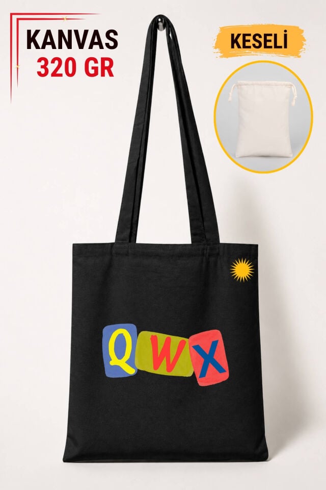 Kürtçe Harfler X Q W Tasarımlı Keseli Siyah Renkli 320 gr Kanvas Bez Çanta | %100 Pamuk