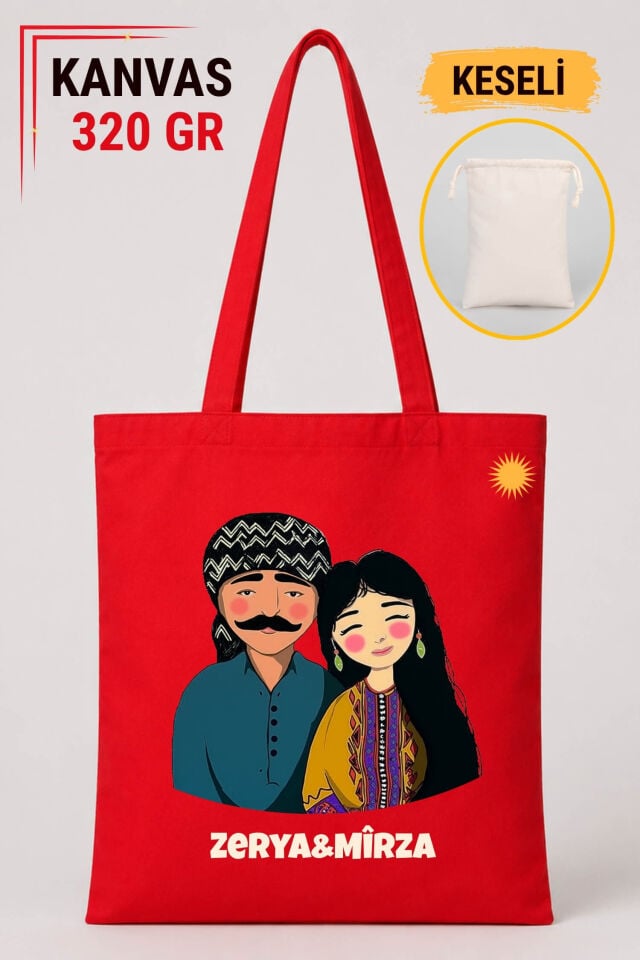 İsme Özel Mem û Zin Tasarımlı Keseli Kırmızı Renkli 320 gr Kanvas Bez Çanta | %100 Pamuk