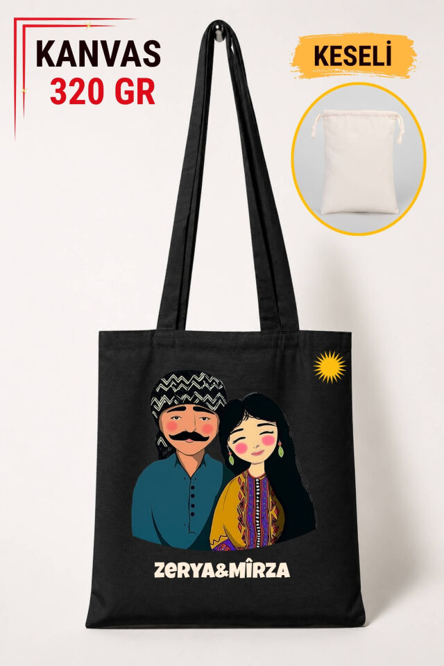 İsme Özel Mem û Zin Tasarımlı Keseli Siyah Renkli 320 gr Kanvas Bez Çanta | %100 Pamuk
