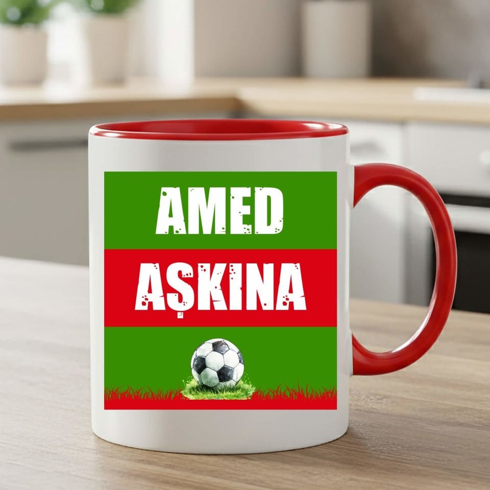 Amed Aşkına Yeşil Kırmızı Tasarımlı Taraftar Spor Kırmızı Renkli Klasik Kupa Bardak