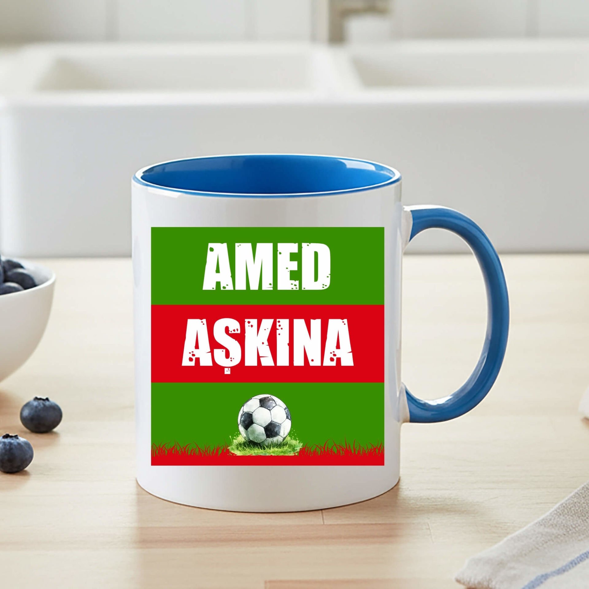 Amed Aşkına Yeşil Kırmızı Tasarımlı Taraftar Spor Mavi Renkli Klasik Kupa Bardak