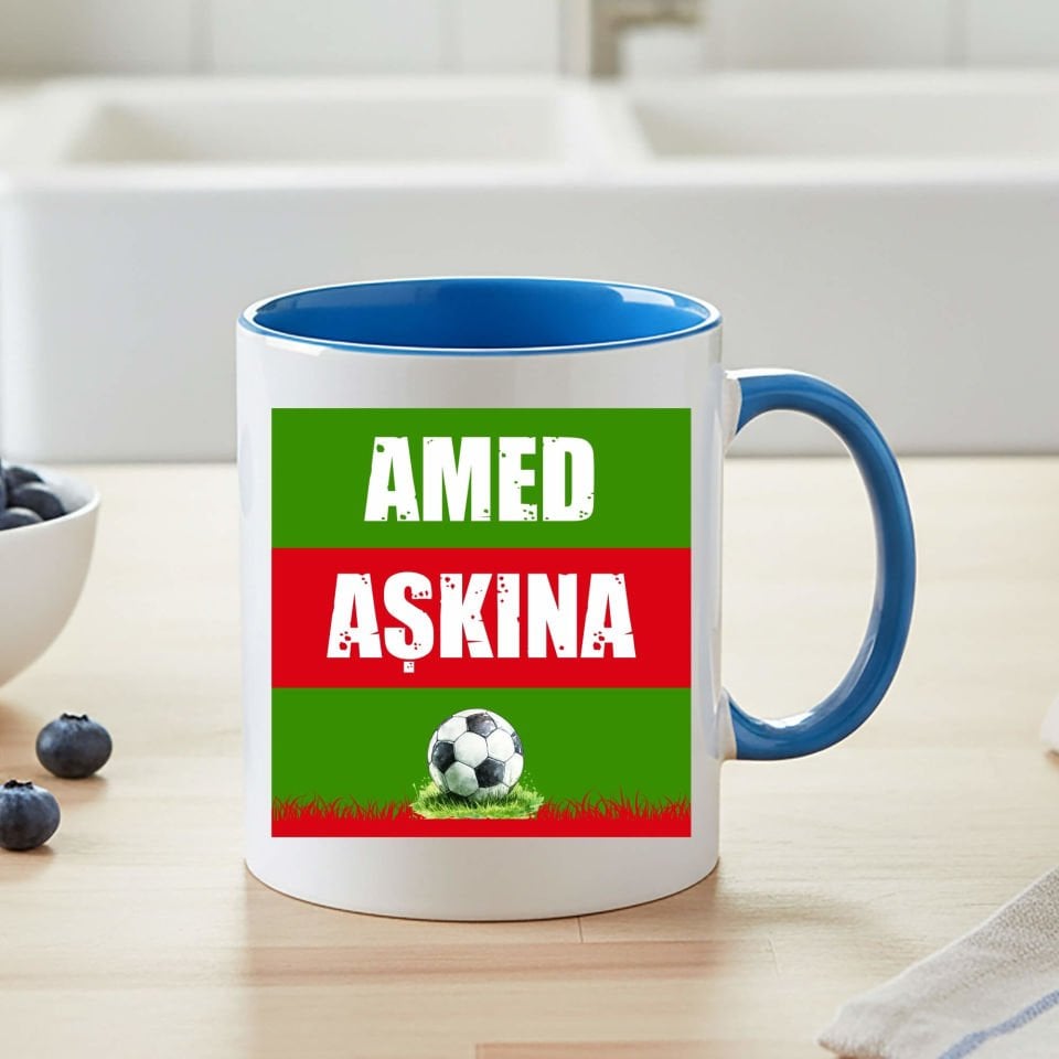 Amed Aşkına Yeşil Kırmızı Tasarımlı Taraftar Spor Mavi Renkli Klasik Kupa Bardak