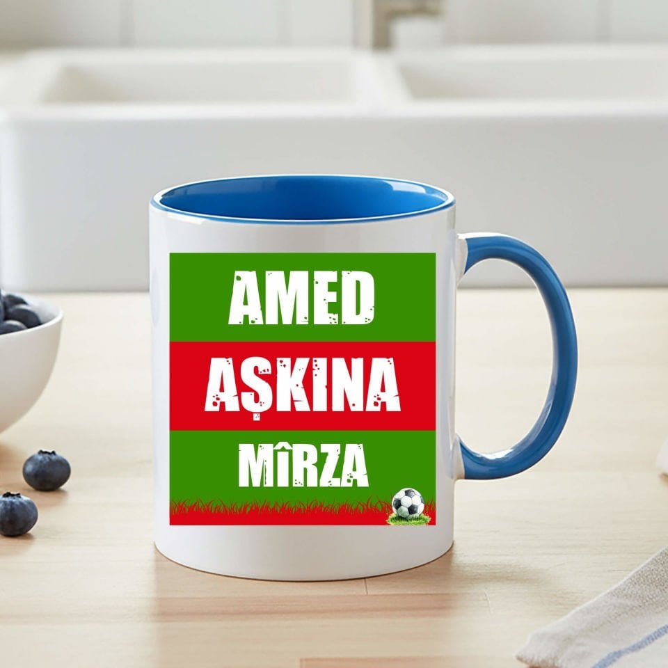 İsme Özel Amed Aşkına Yeşil Kırmızı Tasarımlı Taraftar Spor Mavi Renkli Klasik Kupa Bardak