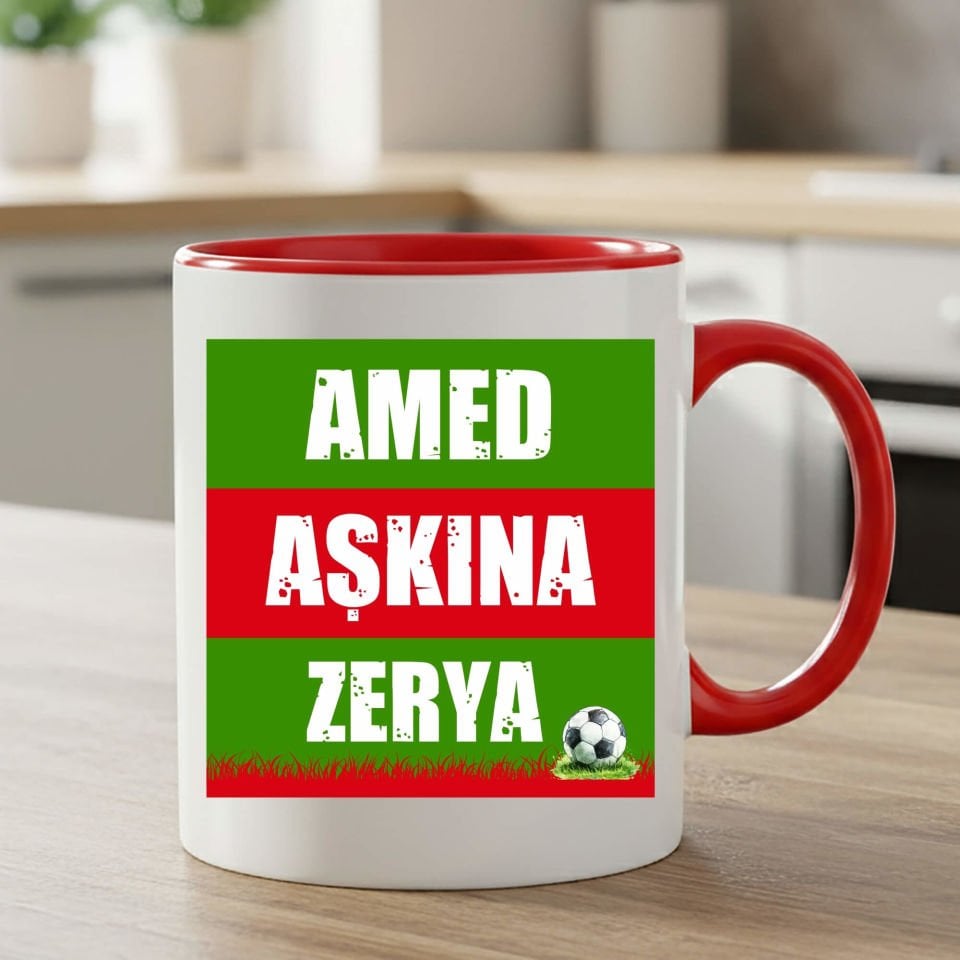 İsme Özel Amed Aşkına Yeşil Kırmızı Tasarımlı Taraftar Spor Kırmızı Renkli Klasik Kupa Bardak