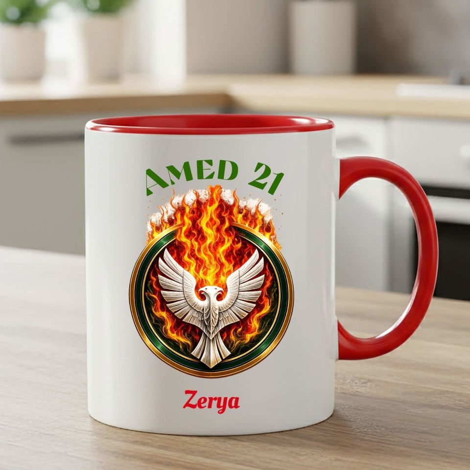 İsme Özel Amed 21 Kartal ve Ateş Tasarımlı Taraftar Spor Kırmızı Renkli Klasik Kupa Bardak