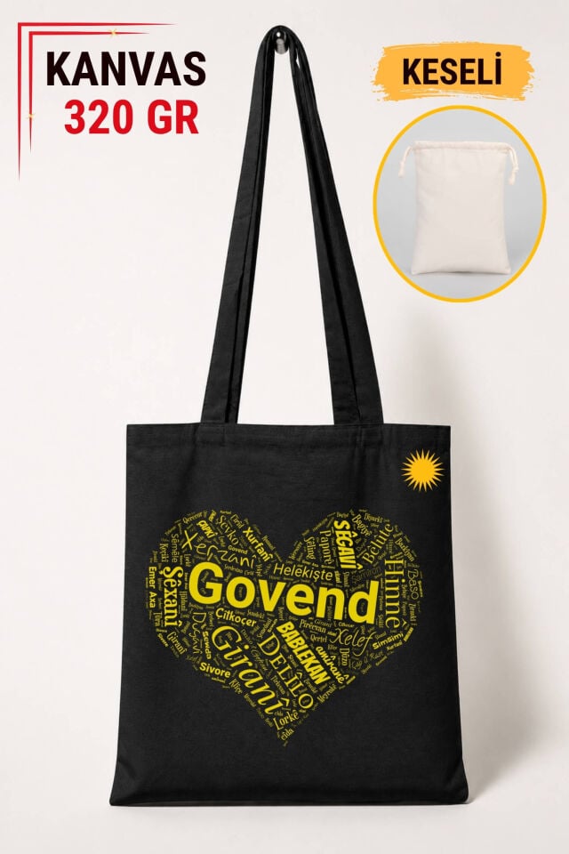Çenteya Navê Govendan - Kürtçe Halay İsimleri Kalp Tasarımlı Keseli Siyah Renkli 320 gr Kanvas Bez Çanta | %100 Pamuk