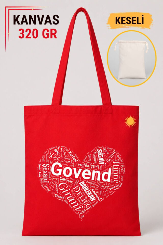 Çenteya Navê Govendan - Kürtçe Halay İsimleri Kalp Tasarımlı Keseli Kırmızı Renkli 320 gr Kanvas Bez Çanta | %100 Pamuk
