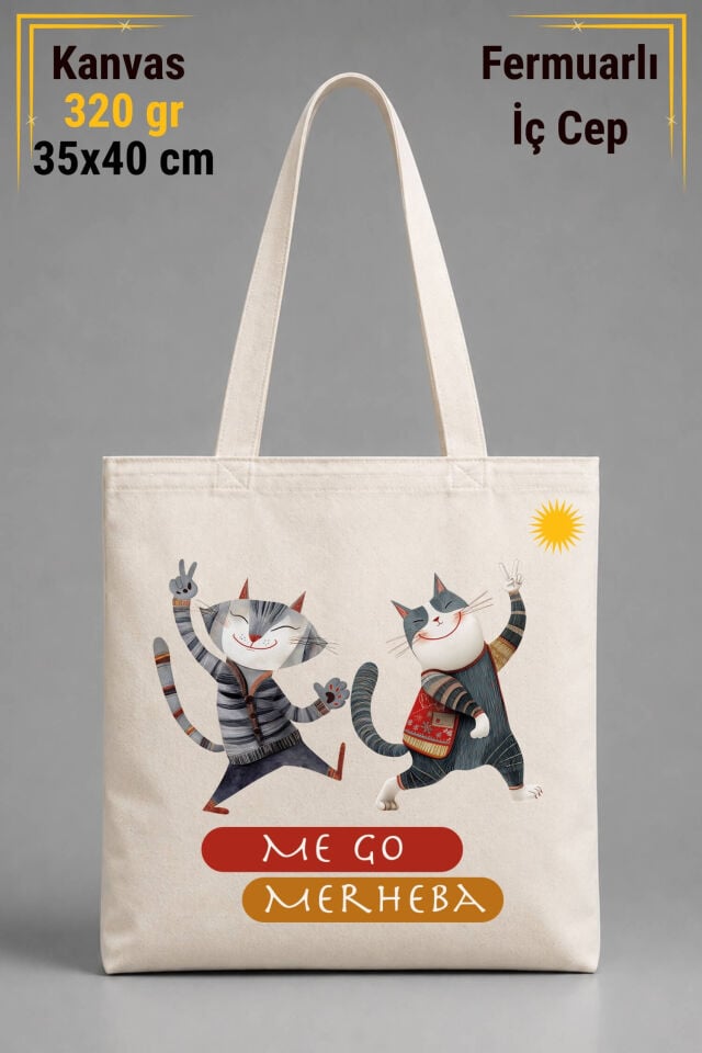 Kürtçe Me Go Merheba Kedi Tasarımlı İÇ CEPLİ 320 gr Kanvas Bez Çanta | %100 Pamuk