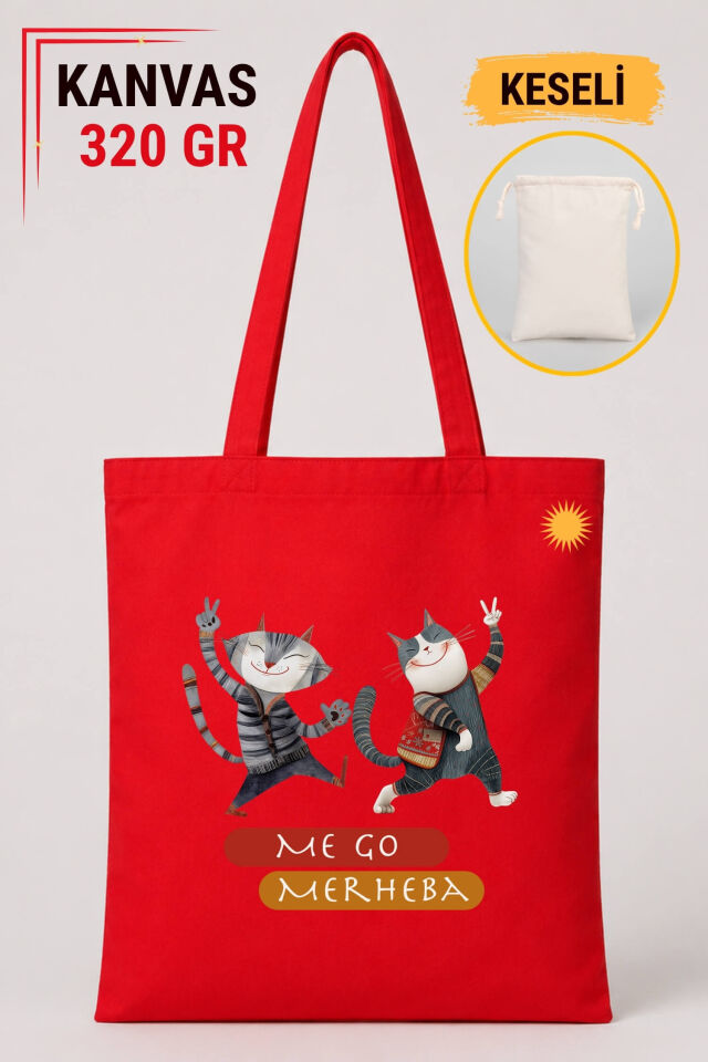 Kürtçe Me Go Merheba Kedi Tasarımlı Keseli Kırmızı Renkli 320 gr Kanvas Bez Çanta | %100 Pamuk