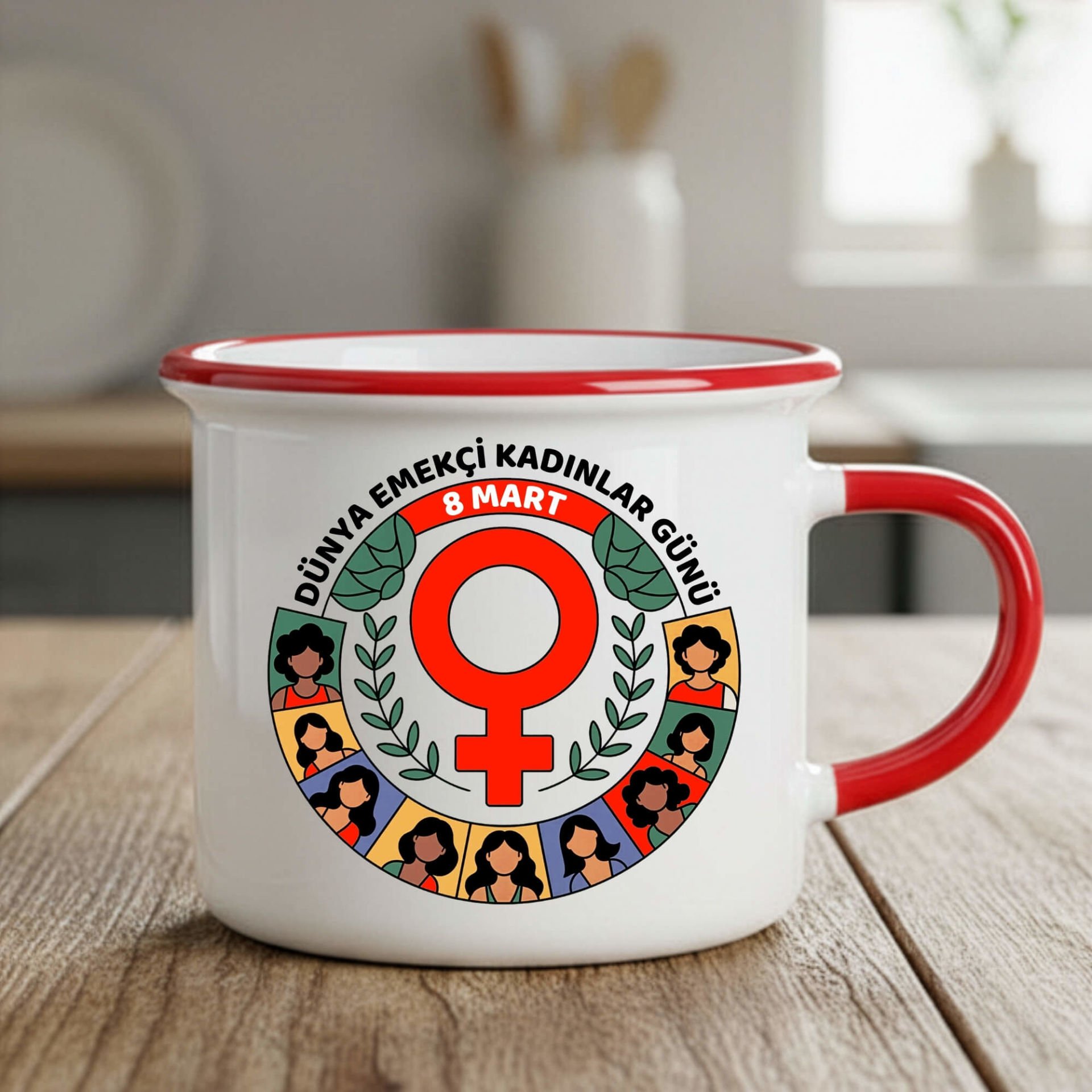 8 Mart Dünya Emekçi Kadınlar Günü Kutlu Olsun Enamel Kırmızı Renk Porselen Kupa Bardak