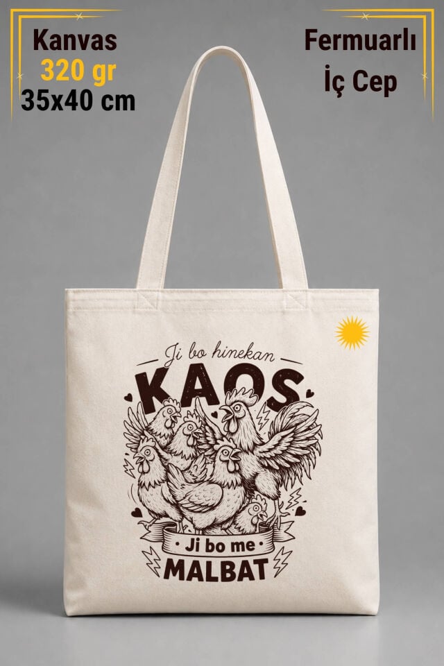 Kürtçe Ji Bo Hinekan Kaos Ji Bo Me Malbat Tasarımlı İÇ CEPLİ 320 gr Kanvas Bez Çanta | %100 Pamuk