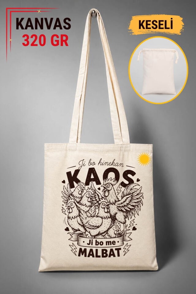 Kürtçe Ji Bo Hinekan Kaos Ji Bo Me Malbat Tasarımlı Keseli Ham Renkli 320 gr Kanvas Bez Çanta | %100 Pamuk