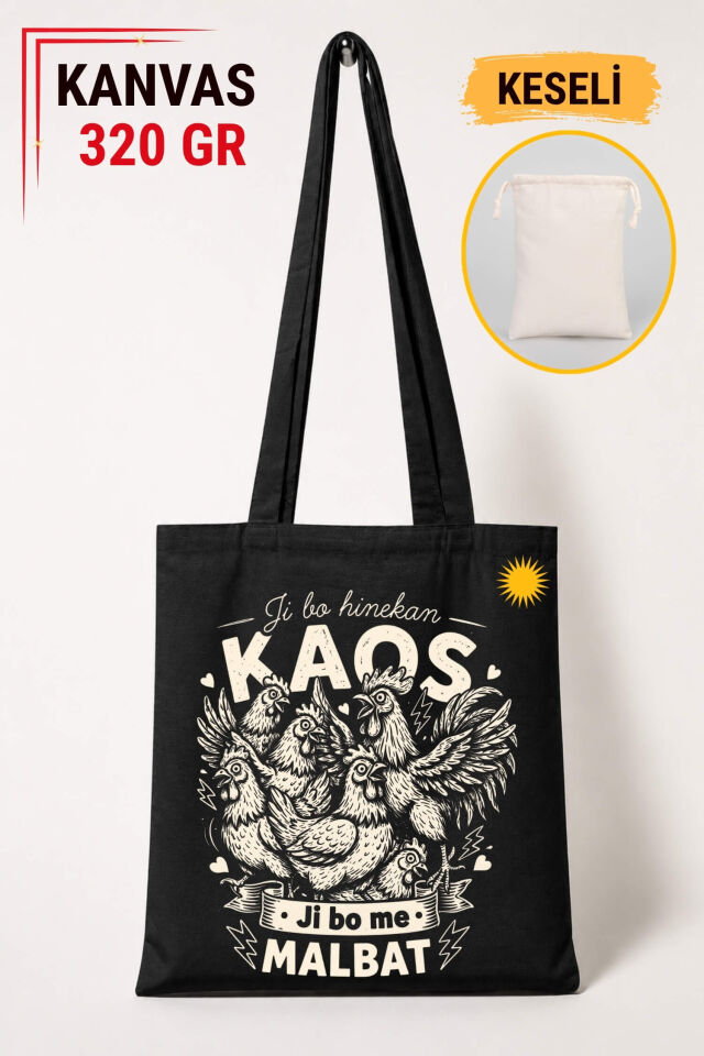 Kürtçe Ji Bo Hinekan Kaos Ji Bo Me Malbat Tasarımlı Keseli Siyah Renkli 320 gr Kanvas Bez Çanta | %100 Pamuk