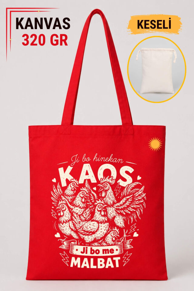 Kürtçe Ji Bo Hinekan Kaos Ji Bo Me Malbat Tasarımlı Keseli Kırmızı Renkli 320 gr Kanvas Bez Çanta | %100 Pamuk