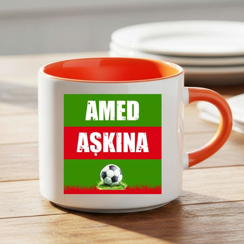 Amed Aşkına Yeşil Kırmızı Tasarımlı Taraftar Spor Turuncu Renkli Nescafe Kupa Bardak