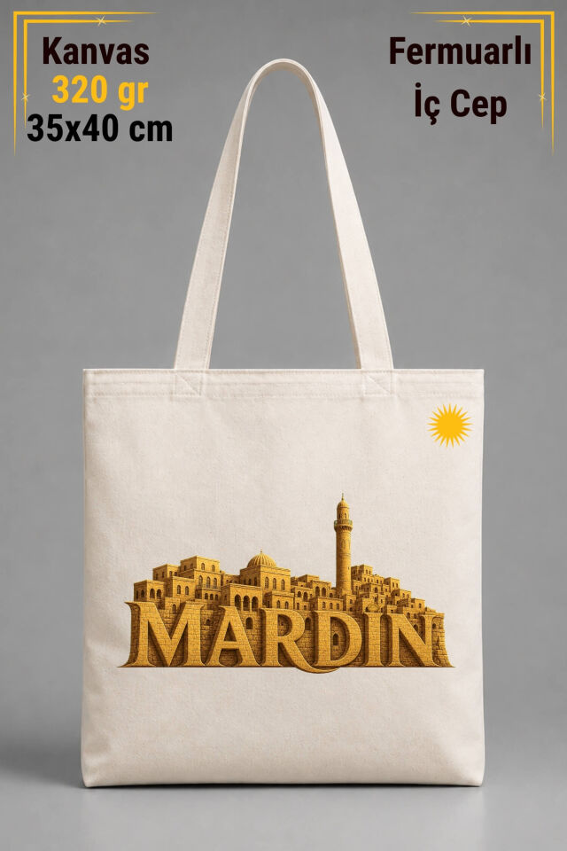 Mardin Şehri Tasarımlı İÇ CEPLİ 320 gr Kanvas Bez Çanta | %100 Pamuk