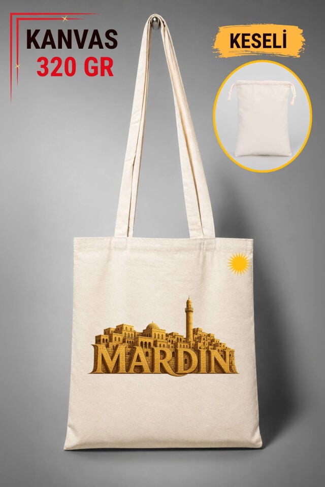 Mardin Şehri Tasarımlı Keseli Ham Renkli 320 gr Kanvas Bez Çanta | %100 Pamuk