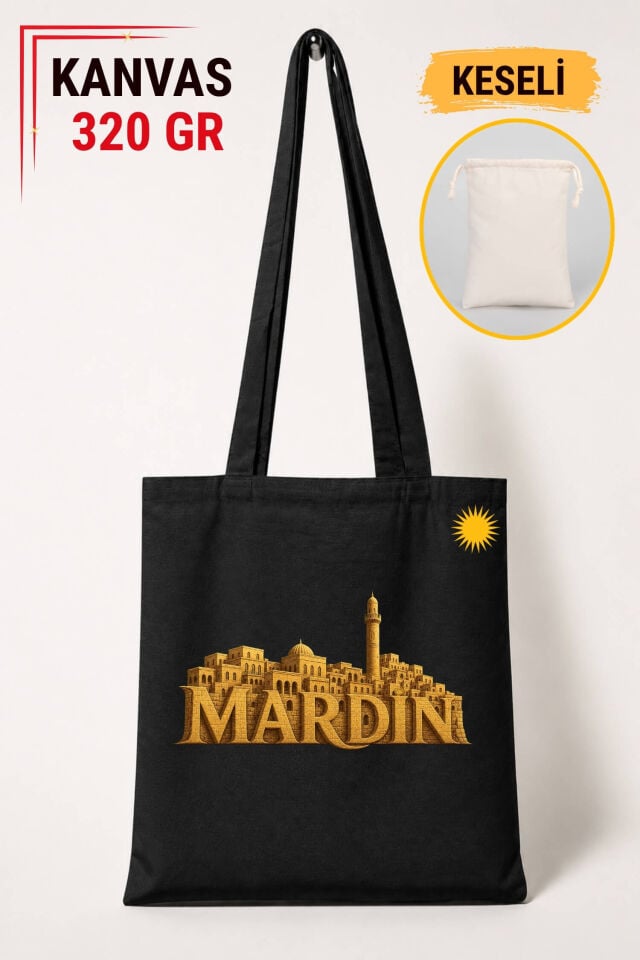 Mardin Şehri Tasarımlı Keseli Siyah Renkli 320 gr Kanvas Bez Çanta | %100 Pamuk