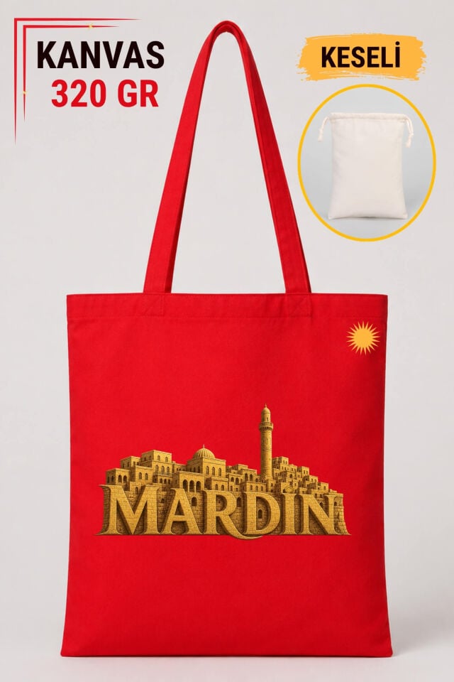 Mardin Şehri Tasarımlı Keseli Kırmızı Renkli 320 gr Kanvas Bez Çanta | %100 Pamuk