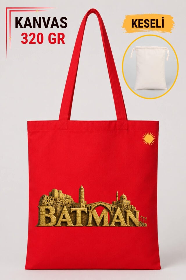 Batman Şehri Tasarımlı Keseli Kırmızı Renkli 320 gr Kanvas Bez Çanta | %100 Pamuk