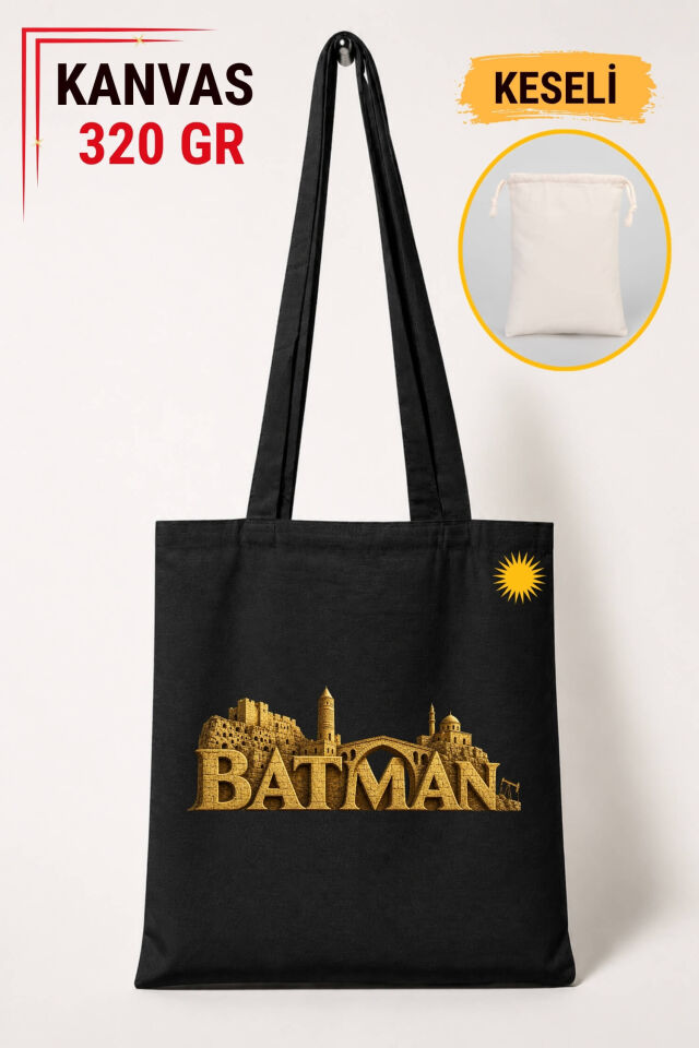 Batman Şehri Tasarımlı Keseli Siyah Renkli 320 gr Kanvas Bez Çanta | %100 Pamuk