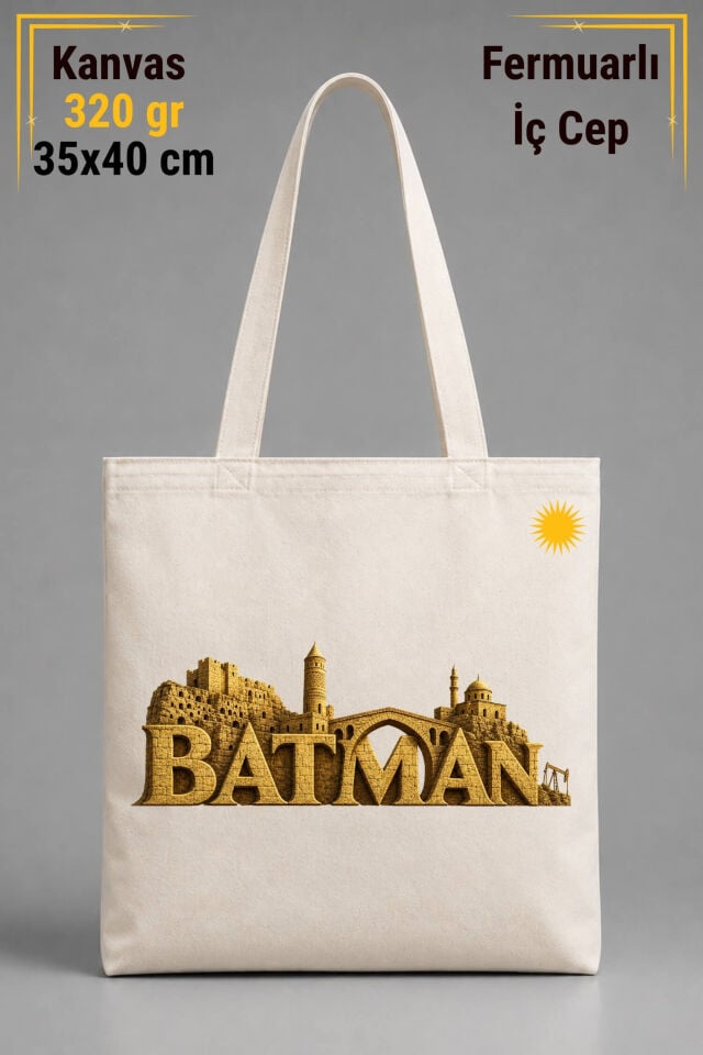 Batman Şehri Tasarımlı İÇ CEPLİ 320 gr Kanvas Bez Çanta | %100 Pamuk