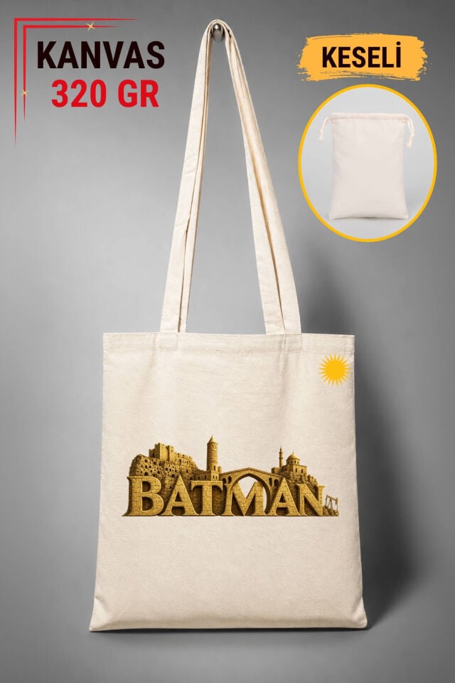 Batman Şehri Tasarımlı Keseli Ham Renkli 320 gr Kanvas Bez Çanta | %100 Pamuk