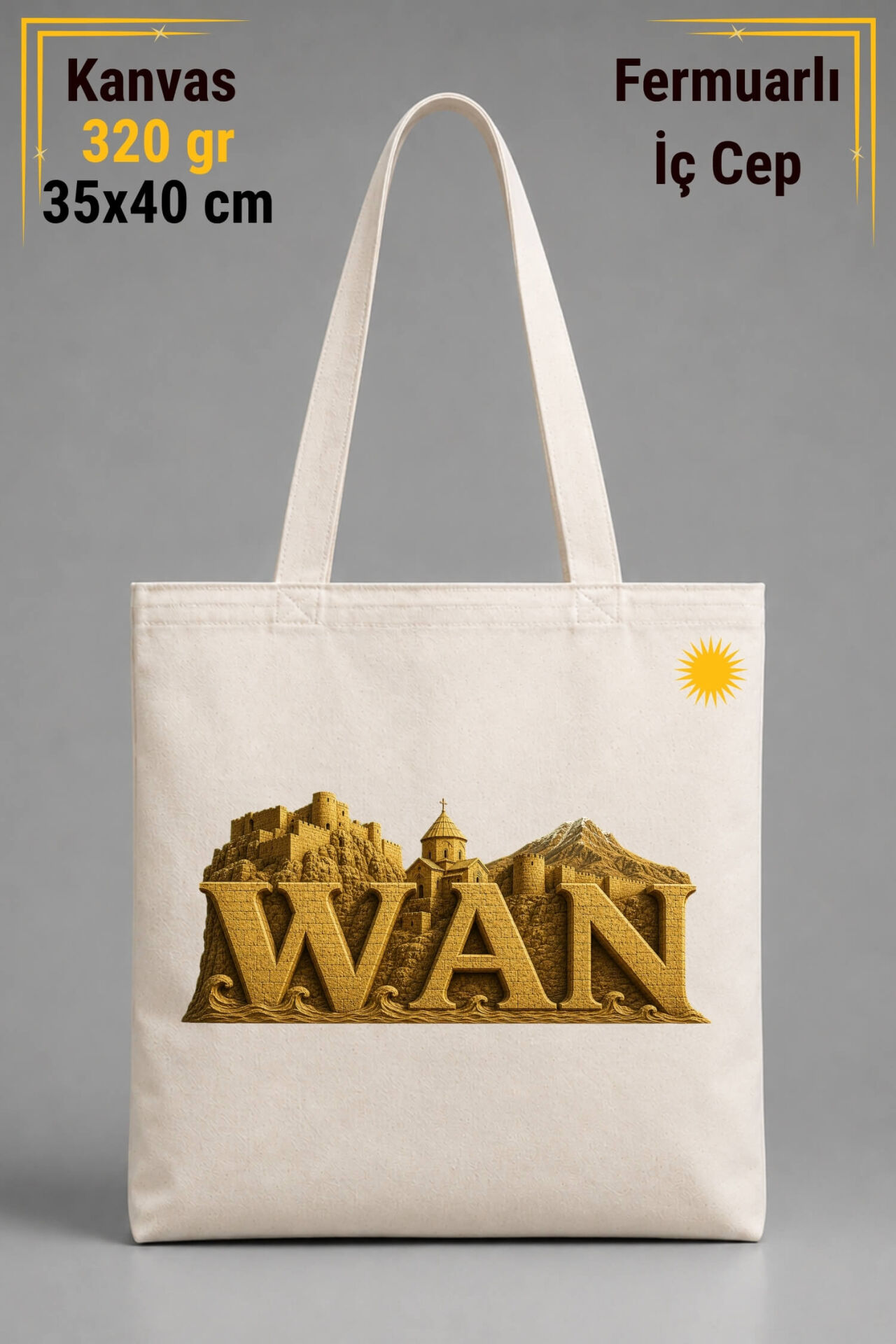Wan Van Şehri Tasarımlı İÇ CEPLİ 320 gr Kanvas Bez Çanta | %100 Pamuk