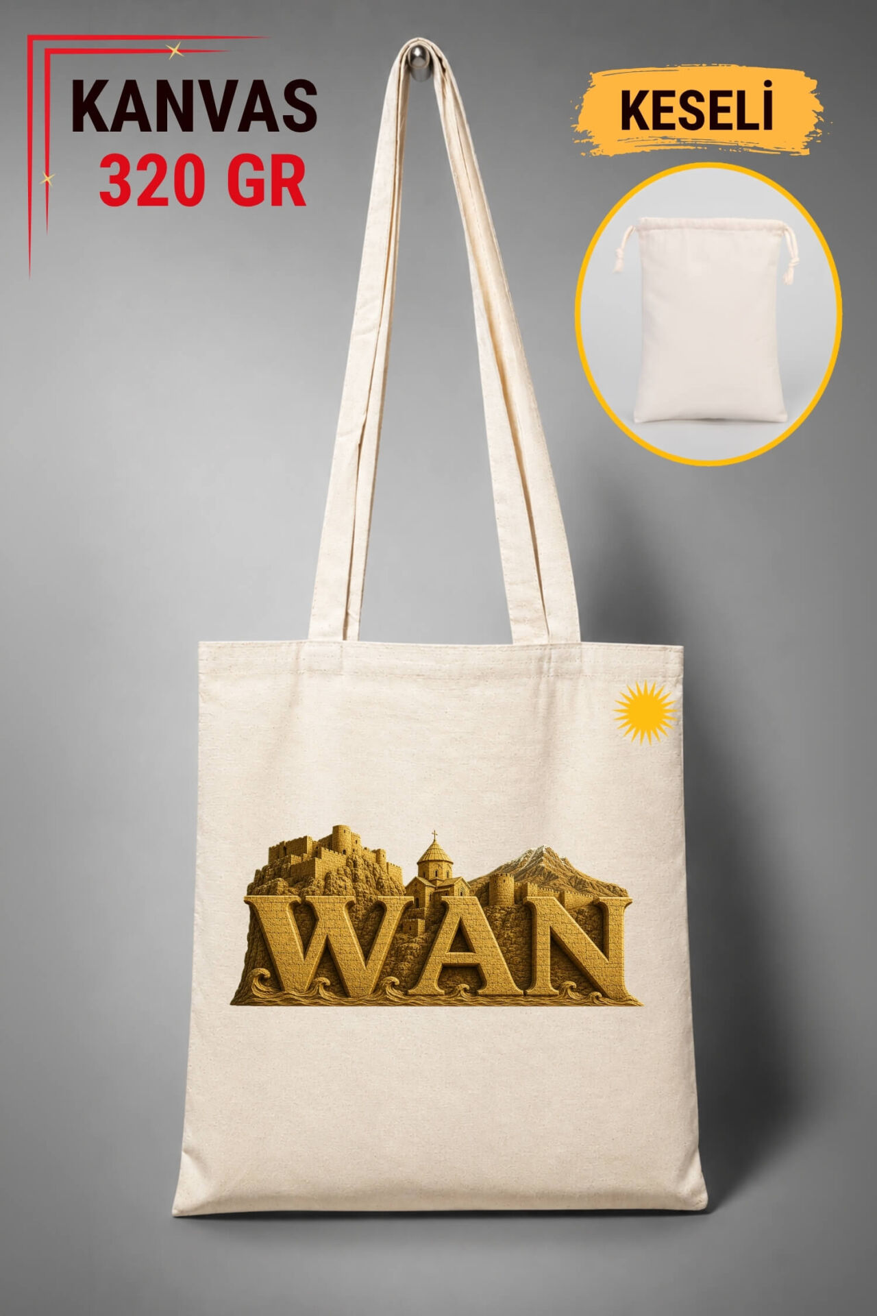 Wan Van Şehri Tasarımlı Keseli Ham Renkli 320 gr Kanvas Bez Çanta | %100 Pamuk