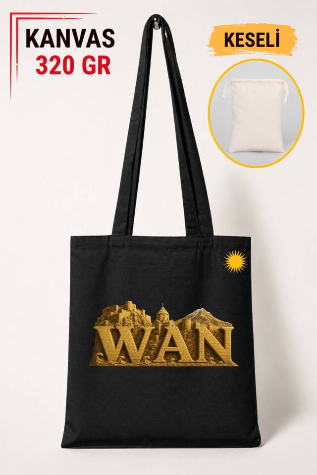 Wan Van Şehri Tasarımlı Keseli Siyah Renkli 320 gr Kanvas Bez Çanta | %100 Pamuk