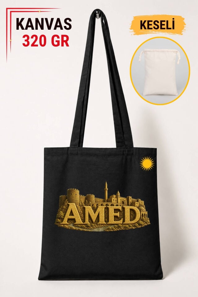 Amed Şehri Tasarımlı Keseli Siyah Renkli 320 gr Kanvas Bez Çanta | %100 Pamuk