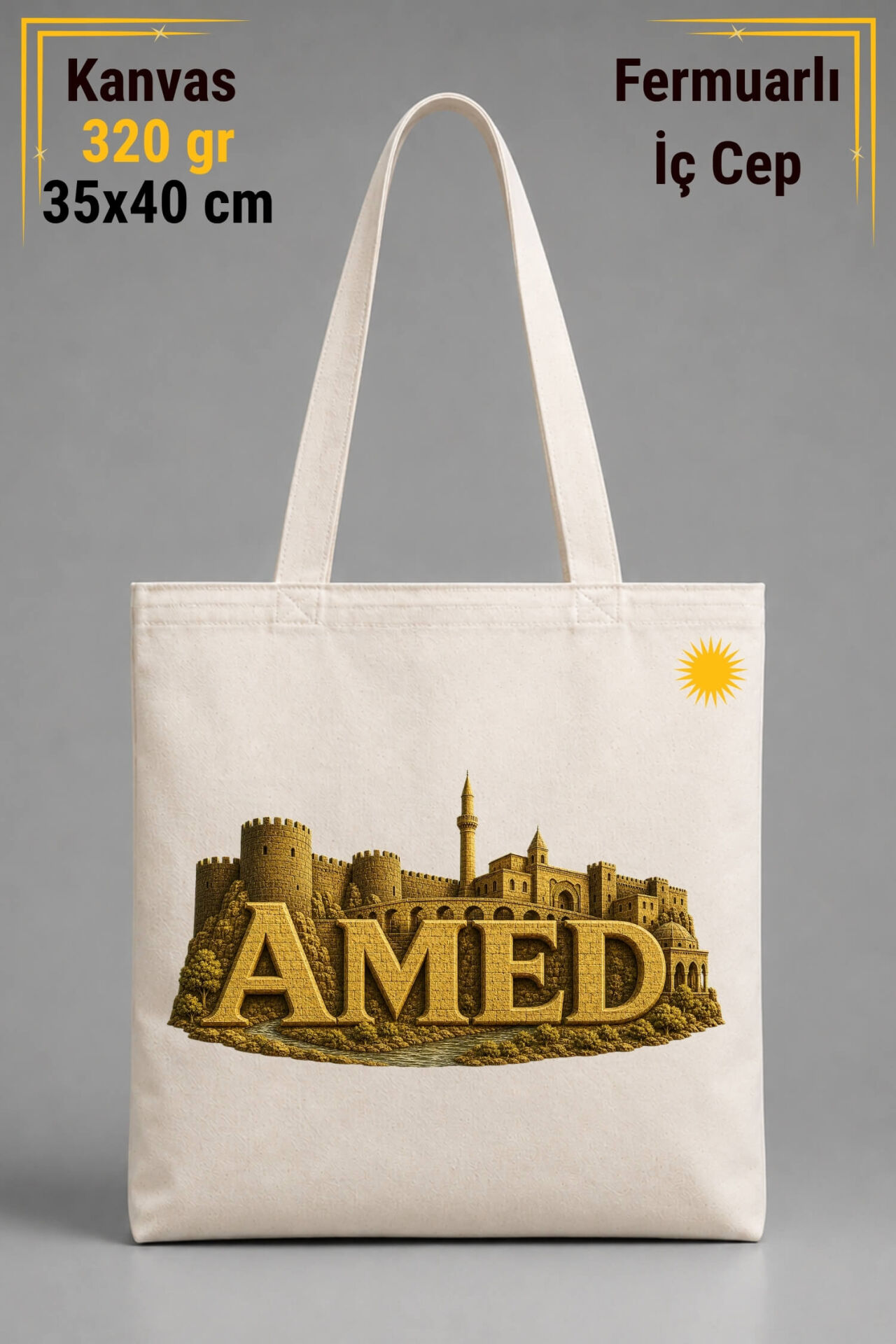 Amed Şehri Tasarımlı İÇ CEPLİ 320 gr Kanvas Bez Çanta | %100 Pamuk