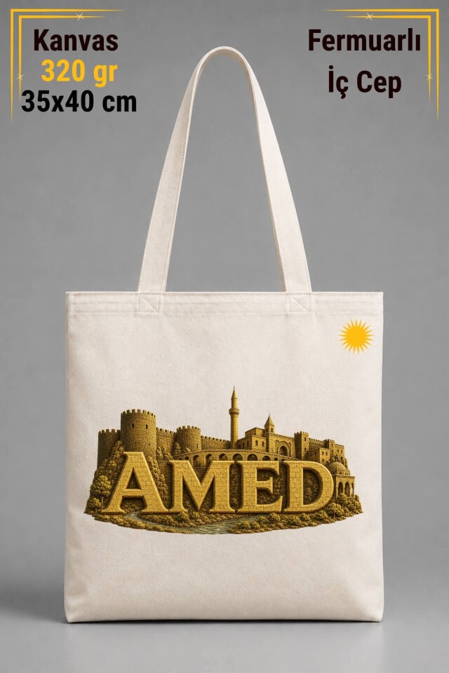 Amed Şehri Tasarımlı İÇ CEPLİ 320 gr Kanvas Bez Çanta | %100 Pamuk