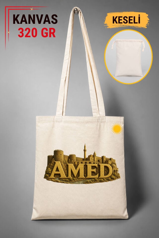 Amed Şehri Tasarımlı Keseli Ham Renkli 320 gr Kanvas Bez Çanta | %100 Pamuk