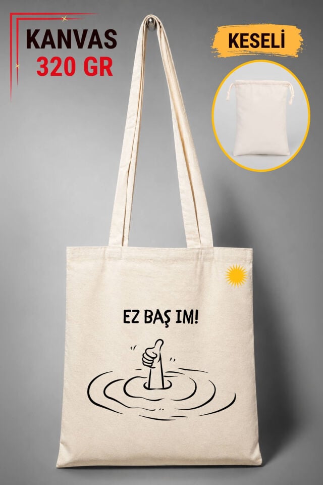 Kürtçe Ez Baş im Tasarımlı Keseli Ham Renkli 320 gr Kanvas Bez Çanta | %100 Pamuk