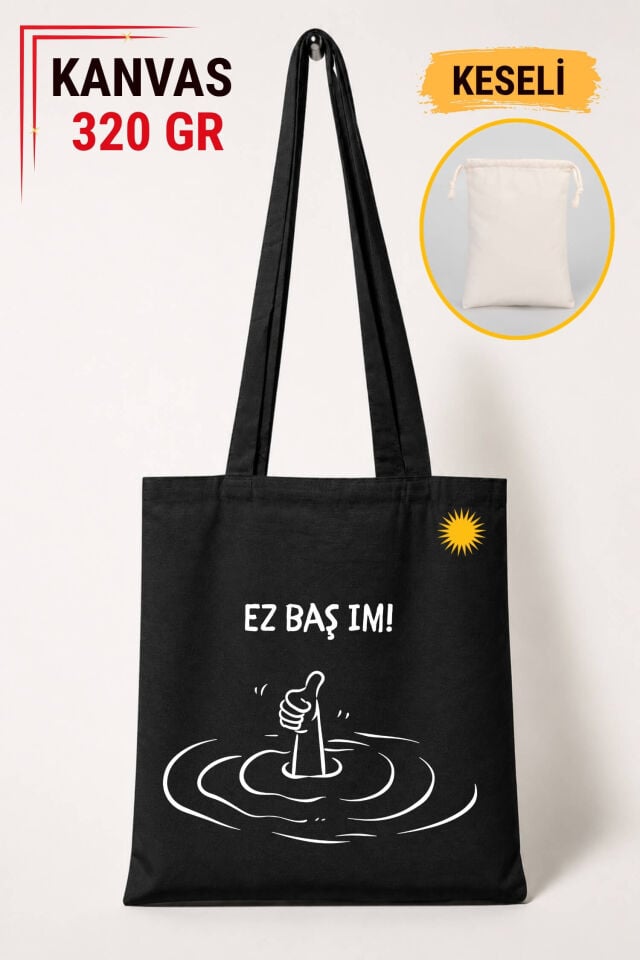 Kürtçe Ez Baş im Tasarımlı Keseli Siyah Renkli 320 gr Kanvas Bez Çanta | %100 Pamuk