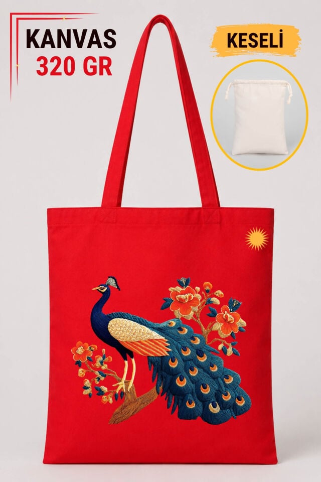 Melekê Tawis Tavus Kuşu Tasarımlı Keseli Kırmızı Renkli 320 gr Kanvas Bez Çanta | %100 Pamuk