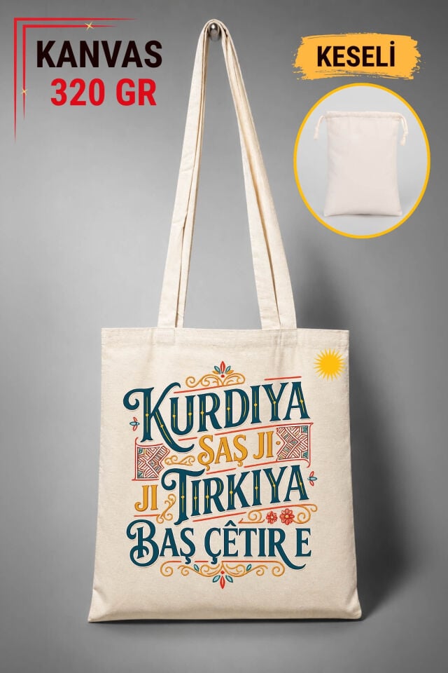 Kürtçe Kurdiya Şaş Ji Tirkiya Baş Çêtir e Tasarımlı Keseli Ham Renkli 320 gr Kanvas Bez Çanta | %100 Pamuk