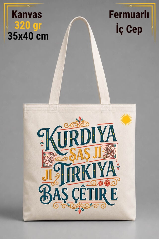 Kürtçe Kurdiya Şaş Ji Tirkiya Baş Çêtir e Tasarımlı İÇ CEPLİ 320 gr Kanvas Bez Çanta | %100 Pamuk